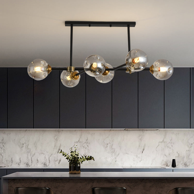 Modern Black Glass Island Pendant Light With 6 Spherical Lights For Dining Table