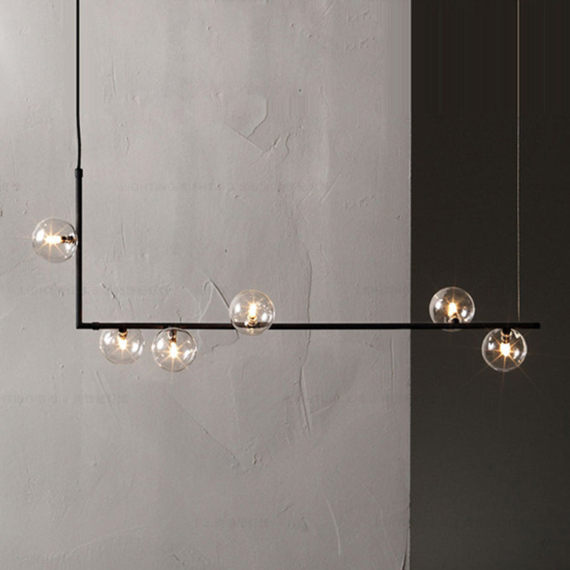 Modern Minimalism Black Linear 6-Light Island Pendant Lighting With Sphere Glass Shade For Living