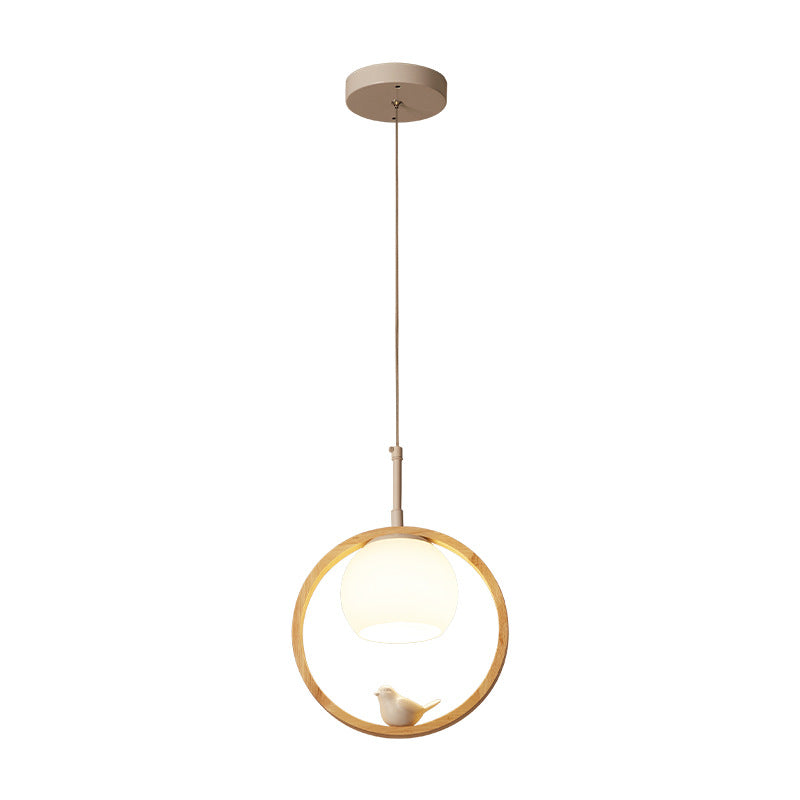 Contemporary Round Natural Wood Pendant Light - Bedroom Hanging Lamp With Bird Accent