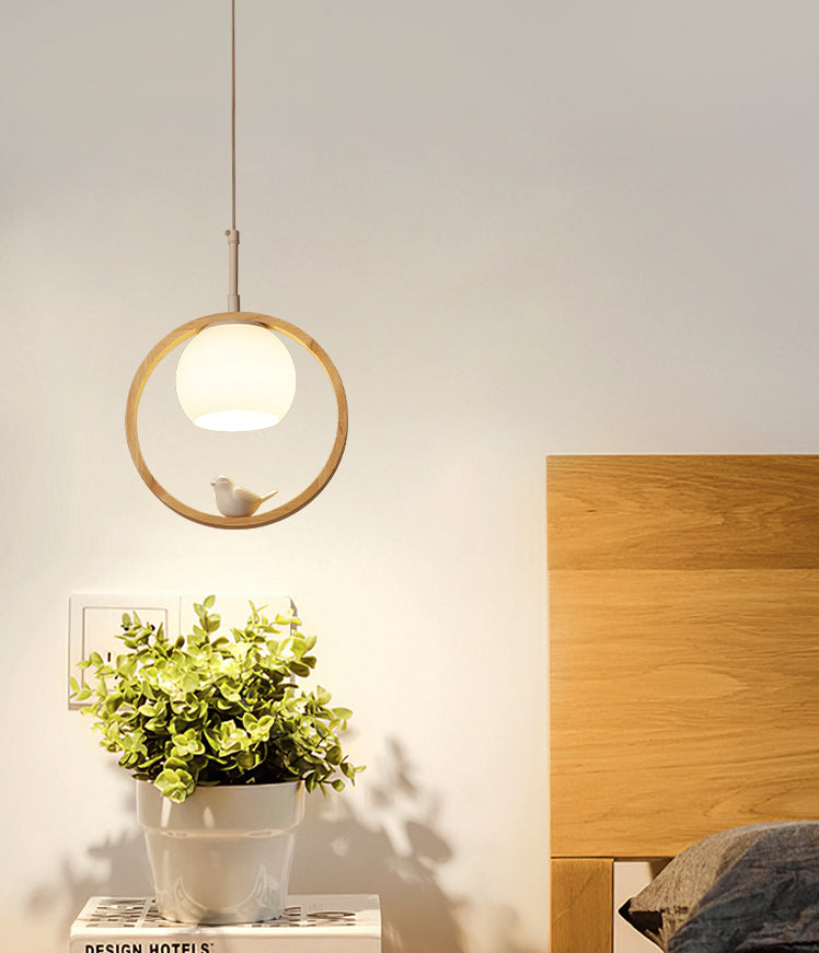 Contemporary Round Natural Wood Pendant Light - Bedroom Hanging Lamp With Bird Accent
