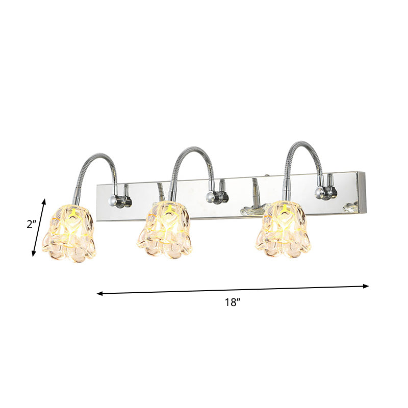 Modern Petal Clear Glass Vanity Light Fixture With Gooseneck Arm - 3 Lights Silver Finish Wall