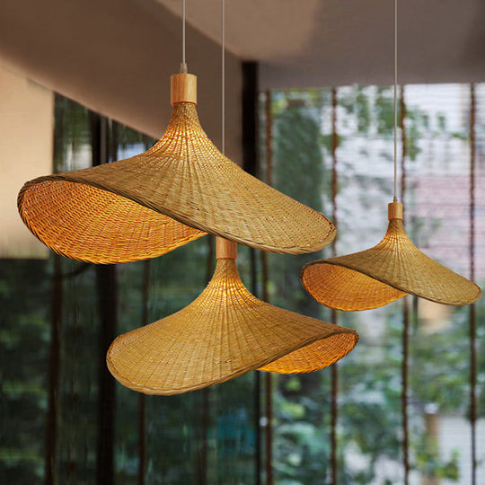 Beige Straw Hat Shape Hanging Lamp Kit Asian 1-Light Rattan Ceiling Pendant Light For Dining Table
