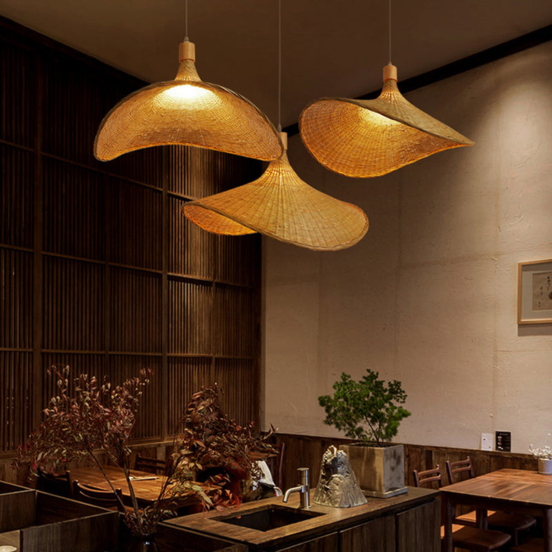 Beige Straw Hat Shape Hanging Lamp Kit Asian 1-Light Rattan Ceiling Pendant Light For Dining Table
