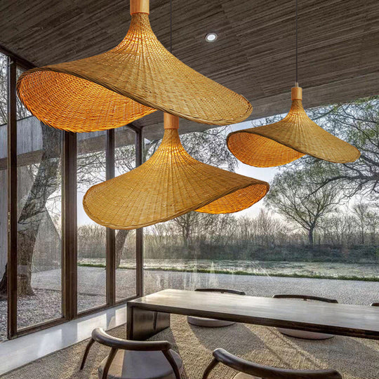 Beige Straw Hat Shape Hanging Lamp Kit Asian 1-Light Rattan Ceiling Pendant Light For Dining Table