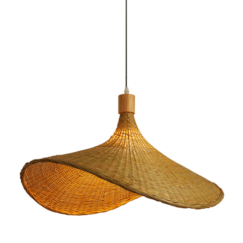 Beige Straw Hat Shape Hanging Lamp Kit Asian 1-Light Rattan Ceiling Pendant Light For Dining Table
