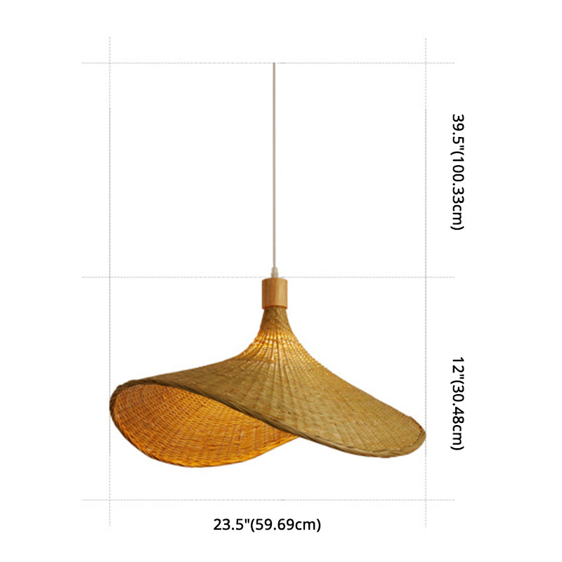 Beige Straw Hat Shape Hanging Lamp Kit Asian 1-Light Rattan Ceiling Pendant Light For Dining Table