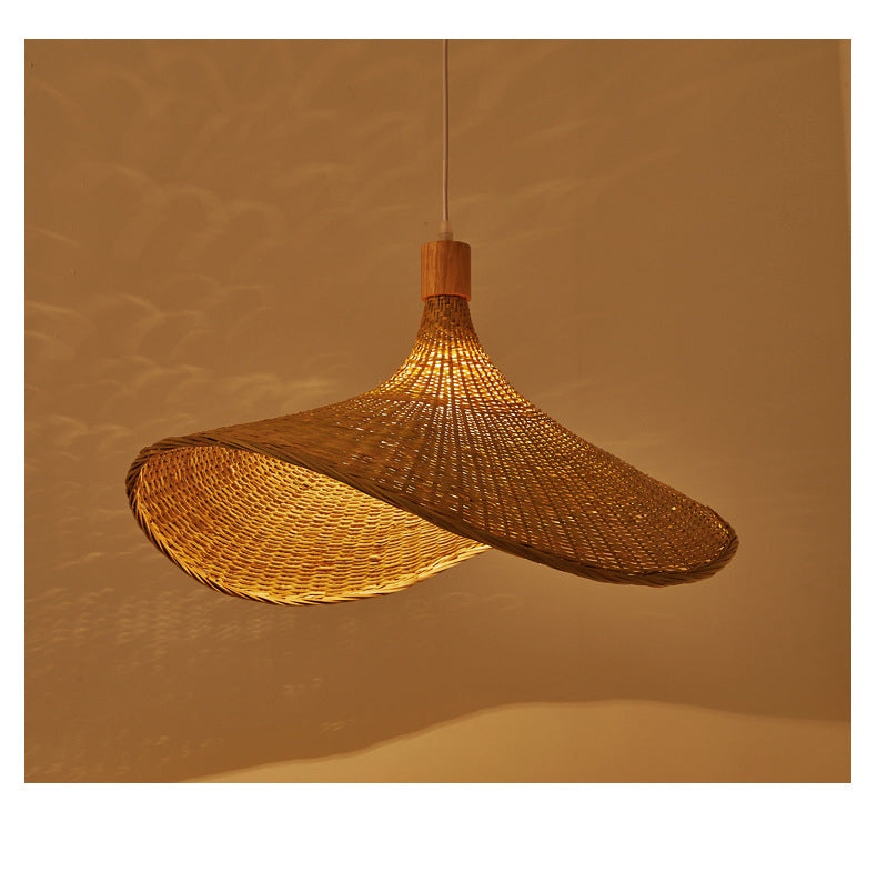 Beige Straw Hat Shape Hanging Lamp Kit Asian 1-Light Rattan Ceiling Pendant Light For Dining Table