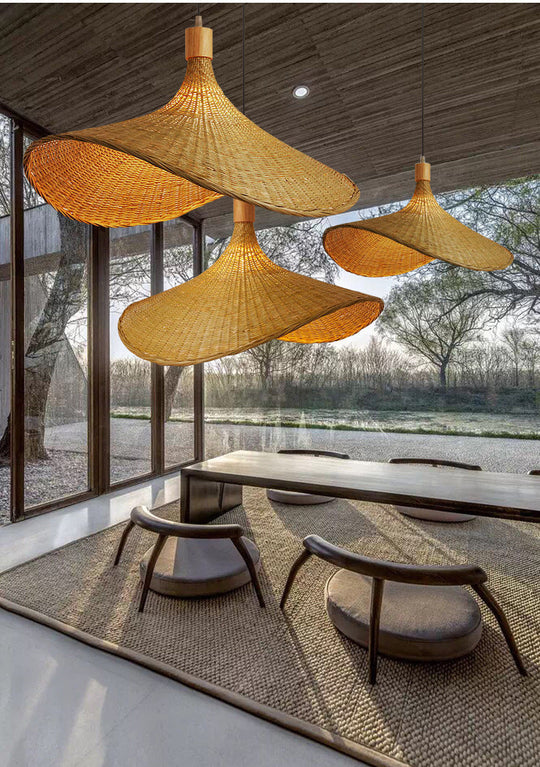 Beige Straw Hat Shape Hanging Lamp Kit Asian 1-Light Rattan Ceiling Pendant Light For Dining Table