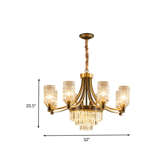 Gold Textured Crystal Chandelier With Cylinder Dining Room Hanging Light - Postmodern Style 6/8