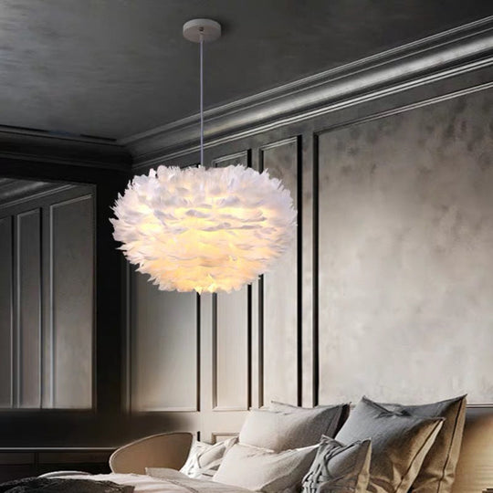 Modern Nordic White Feather Globe Pendant Light For Bedroom Ceiling