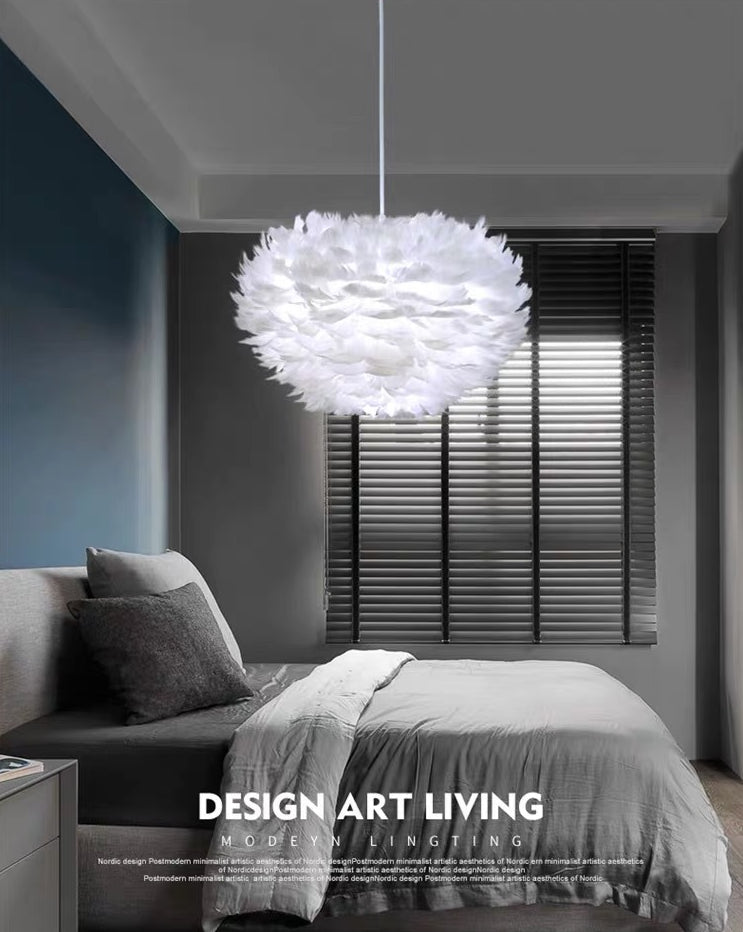 Modern Nordic White Feather Globe Pendant Light For Bedroom Ceiling