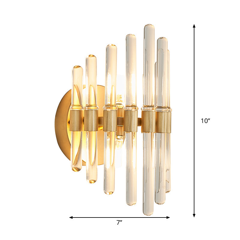 Modern Style Gold Wall Sconce With Clear Crystal Accents - Tubular Design 2 Bulbs Living Room Light