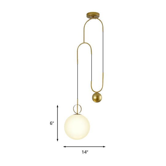 Modern White Glass Sphere Pendant Light With Golden Hanging Fixture For Bedrooms