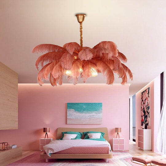 Modern Nordic 5-Light Ostrich Feather Ceiling Chandelier For Bedroom