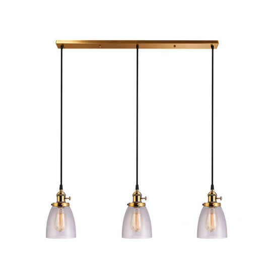 Industrial Glass Pendant Lights For Bar - 3 Tapered Pendants On Hanging Cord Brass / Linear