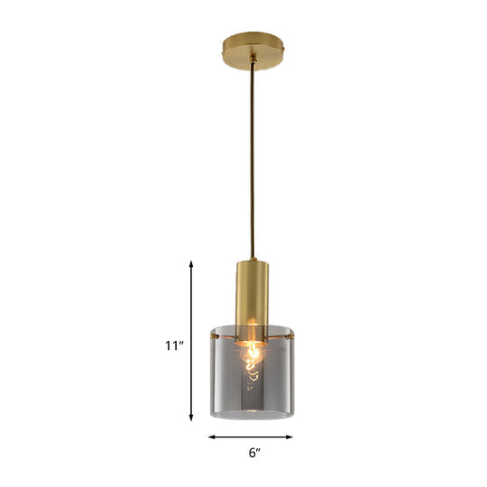 Modern Clear Glass Cylinder Pendant Light - 1 Head Brass Hanging Ceiling For Dining Room