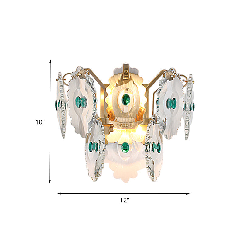 Postmodern 2-Light Wall Sconce With Clear Crystal And Green/Gold Gem Accent