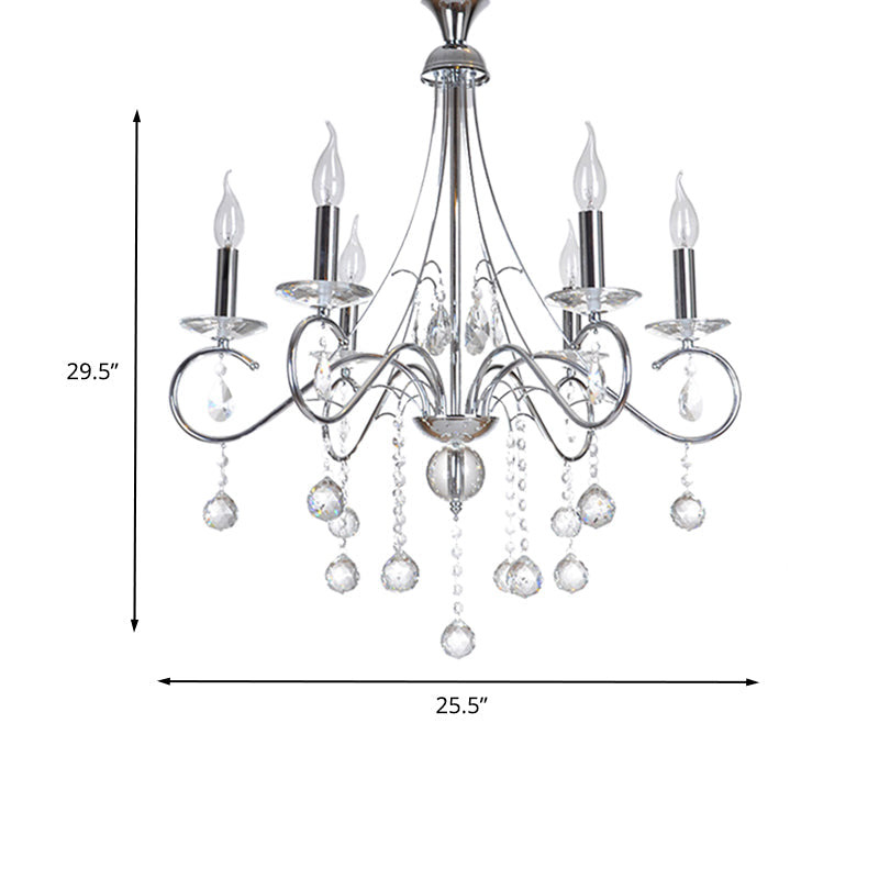 Silver Metal Chandelier With Crystal Ball Décor - 6 Heads Traditional Candle-Style Lighting For
