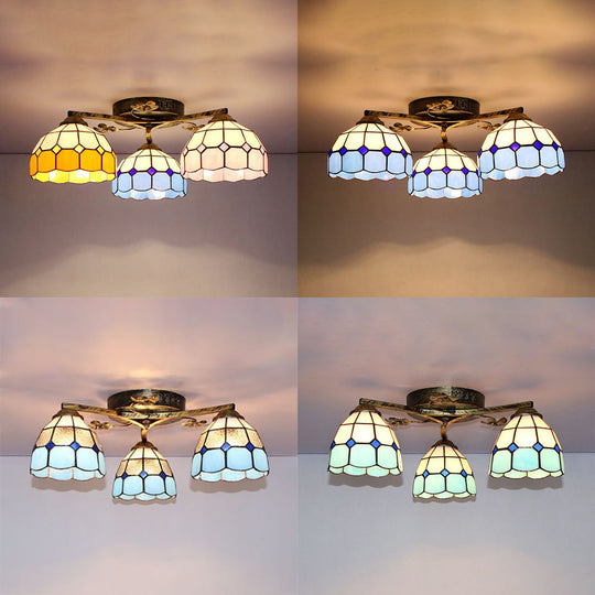 Vintage Stained Glass Ceiling Light - Conic Flushmount With Art Pattern 3 Lights