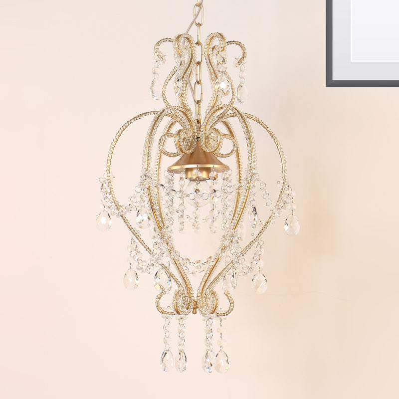 Victorian Scroll Pendant Lamp With Crystal Accent - Single Golden Ceiling Light