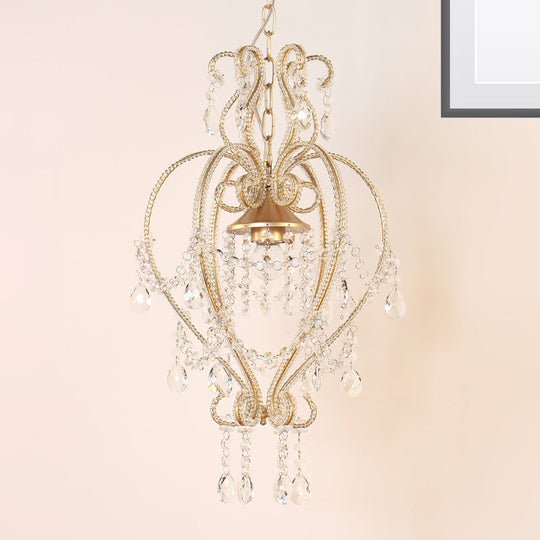 Victorian Scroll Pendant Lamp With Crystal Accent - Single Golden Ceiling Light