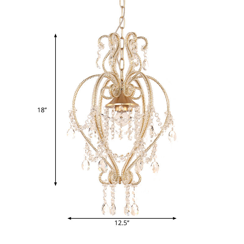 Victorian Scroll Pendant Lamp With Crystal Accent - Single Golden Ceiling Light