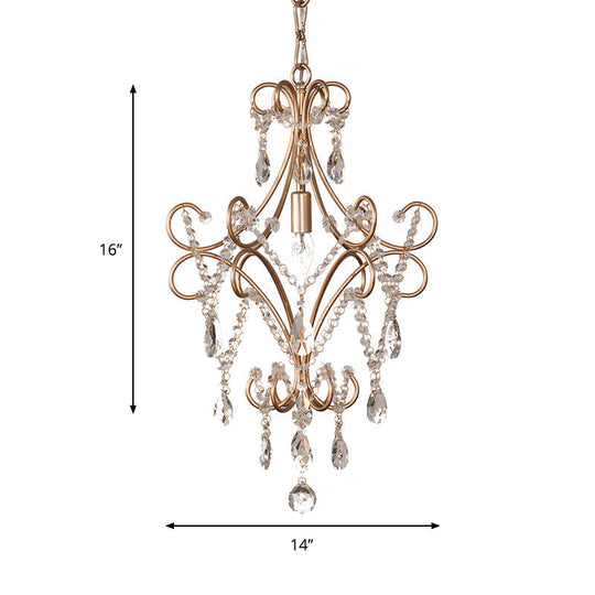 French Curvy Armed Ceiling Lamp With Crystal Draping In Gold - Metal Pendant