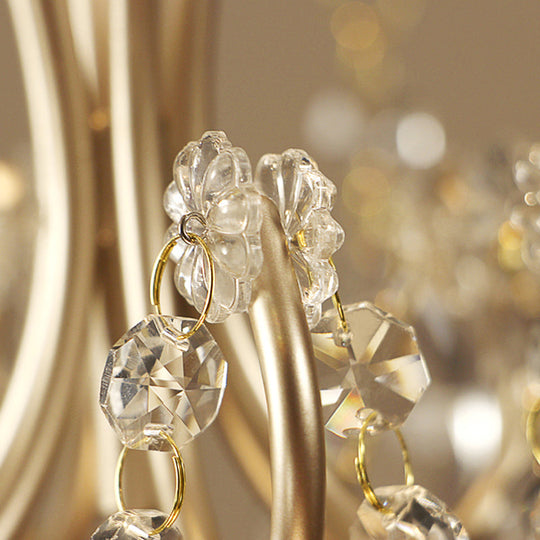 French Curvy Armed Ceiling Lamp With Crystal Draping In Gold - Metal Pendant