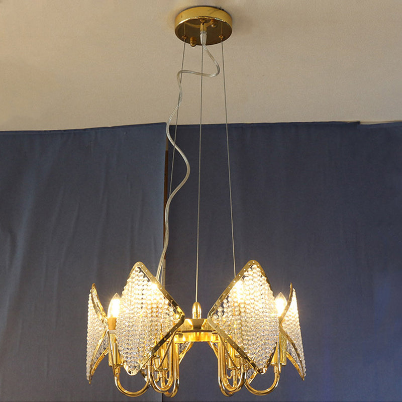 Golden Flaky Chandelier Pendant With Crystal Beads - Modern Metallic Ceiling Lamp (6 Lights)