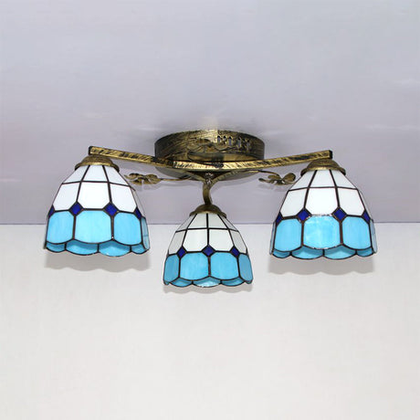 Vintage Stained Glass Ceiling Light - Conic Flushmount With Art Pattern 3 Lights Antique Bronze /