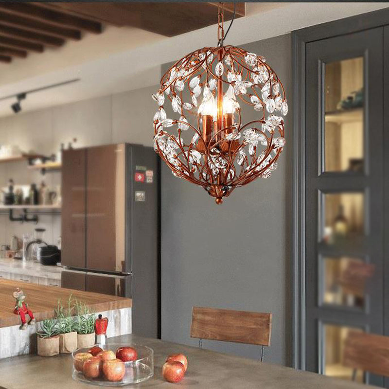 Floral Sphere Hanging Chandelier: Traditional 3-Light Black/Bronze Iron Lamp With Crystal Accent