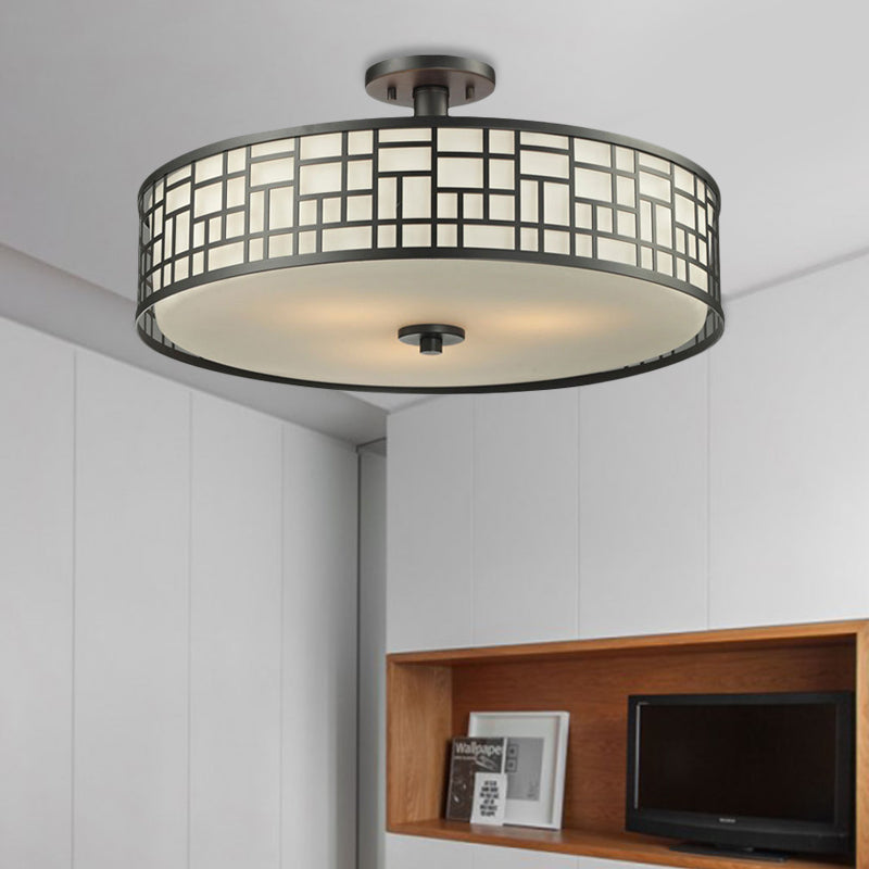 Chinese Style Metallic Semi Flush Mount Lighting Black Circular Design 4/3 Lights