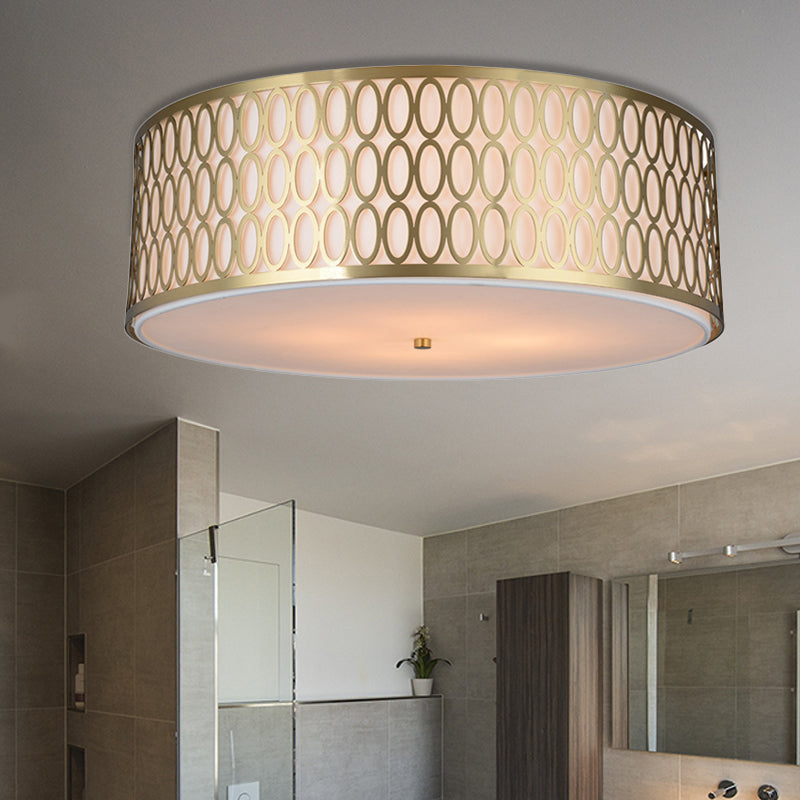 Traditional White Round Ceiling Mounted Lamp With Gold Metal Mesh Frame - 4-Light Fabric Flush Light