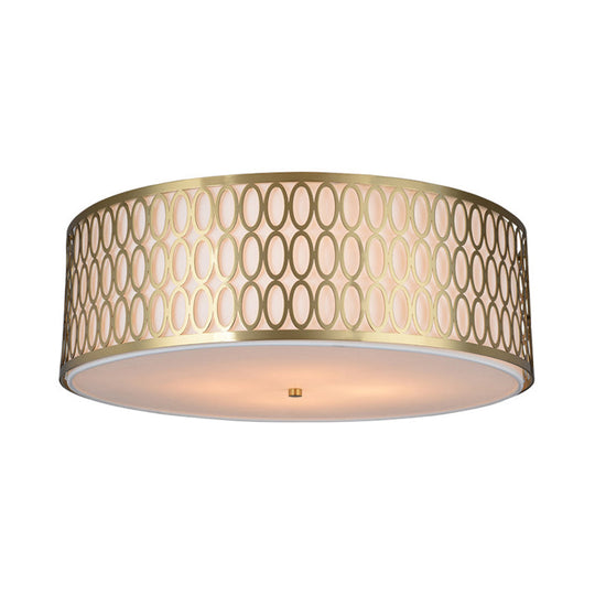 Traditional White Round Ceiling Mounted Lamp With Gold Metal Mesh Frame - 4-Light Fabric Flush