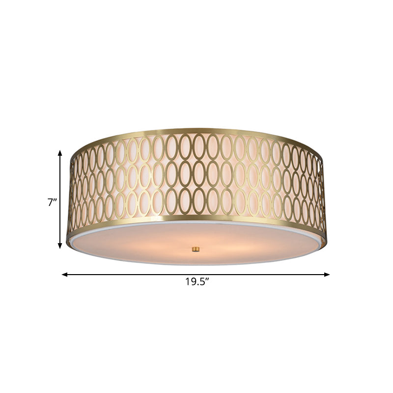 Traditional White Round Ceiling Mounted Lamp With Gold Metal Mesh Frame - 4-Light Fabric Flush Light