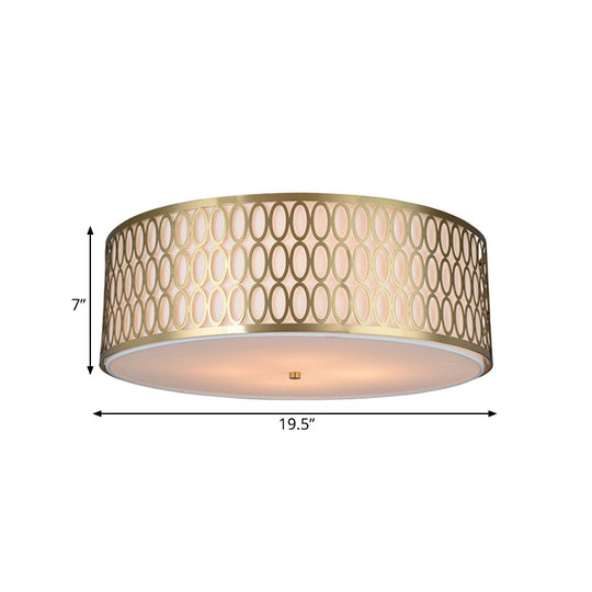 Traditional White Round Ceiling Mounted Lamp With Gold Metal Mesh Frame - 4-Light Fabric Flush Light