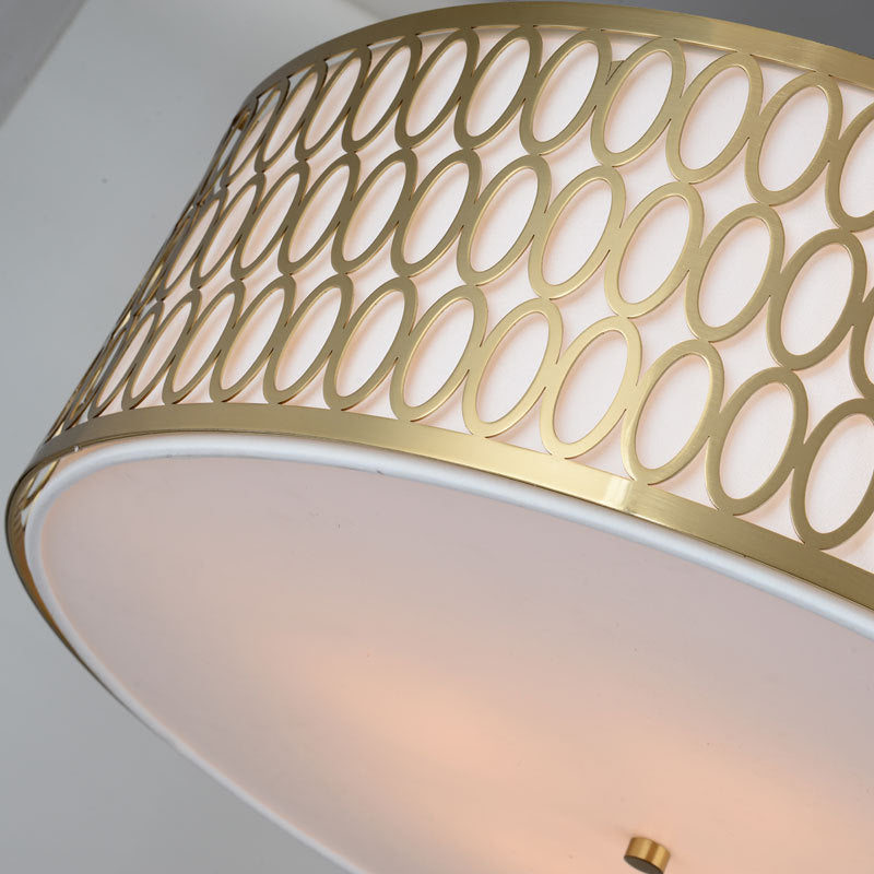 Traditional White Round Ceiling Mounted Lamp With Gold Metal Mesh Frame - 4-Light Fabric Flush