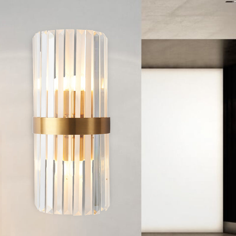Contemporary Cylinder Sconce Light: Dual Head Gold Wall Mounted Fixture With Crystal Rod Accent