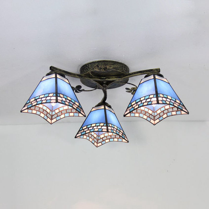 Vintage Stained Glass Ceiling Light - Conic Flushmount With Art Pattern 3 Lights Antique Bronze /