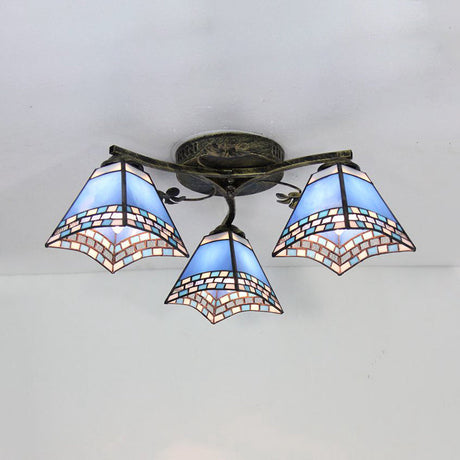 Vintage Stained Glass Ceiling Light - Conic Flushmount With Art Pattern 3 Lights Antique Bronze /