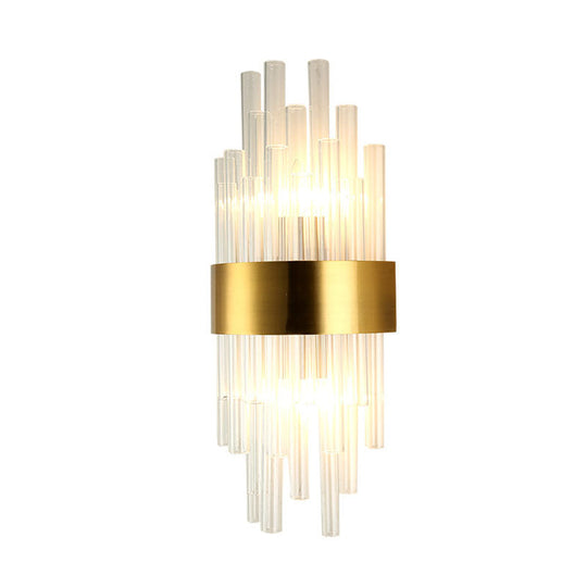 Postmodern Gold Wall Sconce With Fluted Crystal Shade - 2 Head Bedroom Mount Light