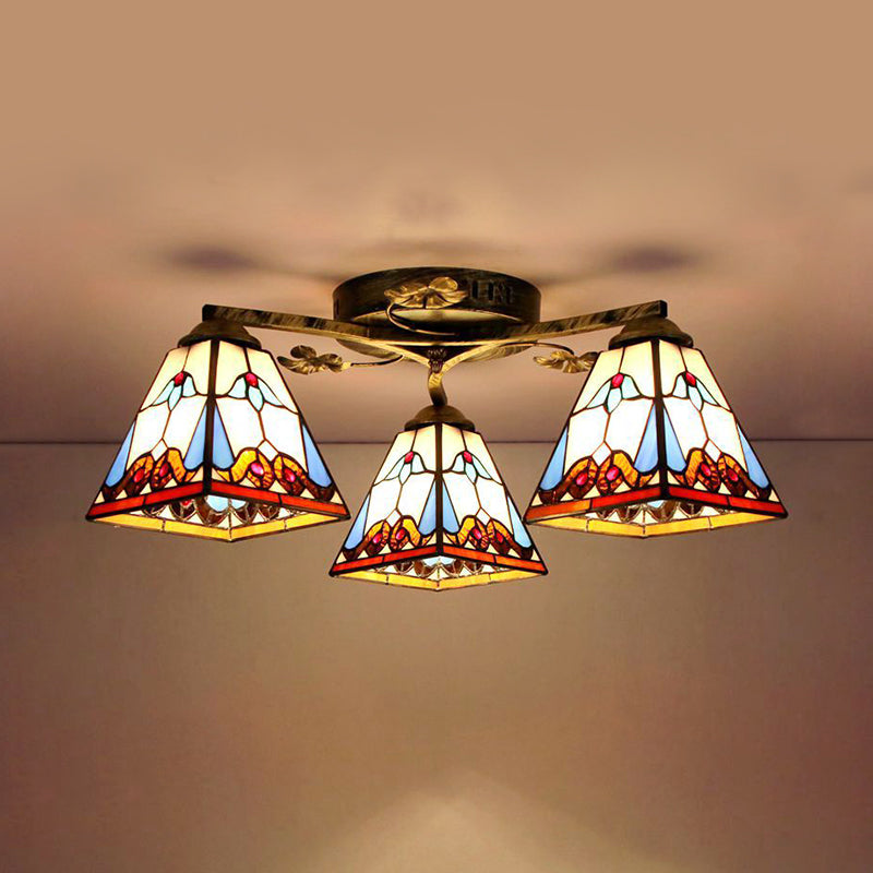 Vintage Stained Glass Ceiling Light - Conic Flushmount With Art Pattern 3 Lights Antique Bronze /