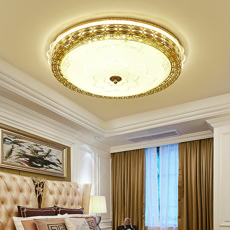 Frosted Glass Hollowed Flush Lamp With Golden Led Ceiling Light Fixture