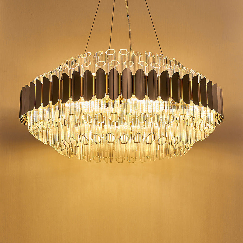 Modern Grey Tubular Chandelier: 12-Light Prismatic Crystal Pendant Ceiling Lamp