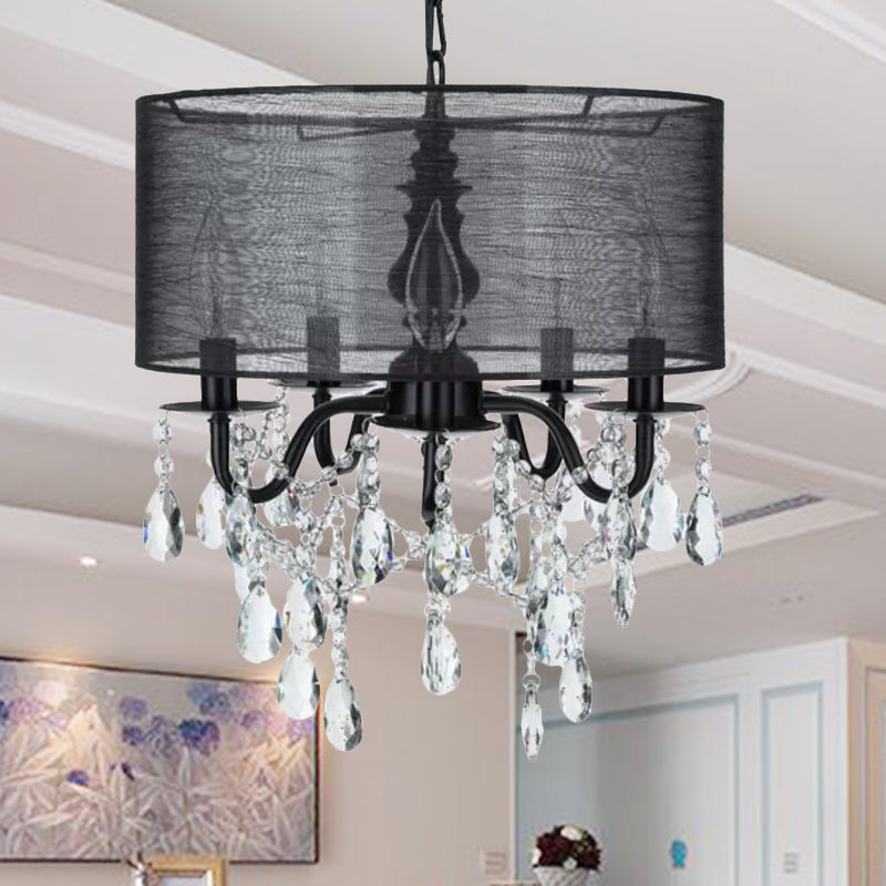 Classic 5-Light Black Round Fabric Pendant Chandelier with Crystal Accent