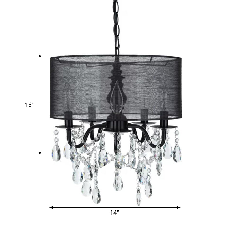 Classic 5-Light Black Round Fabric Pendant Chandelier with Crystal Accent