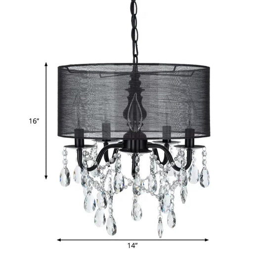 Classic 5-Light Black Round Fabric Pendant Chandelier with Crystal Accent