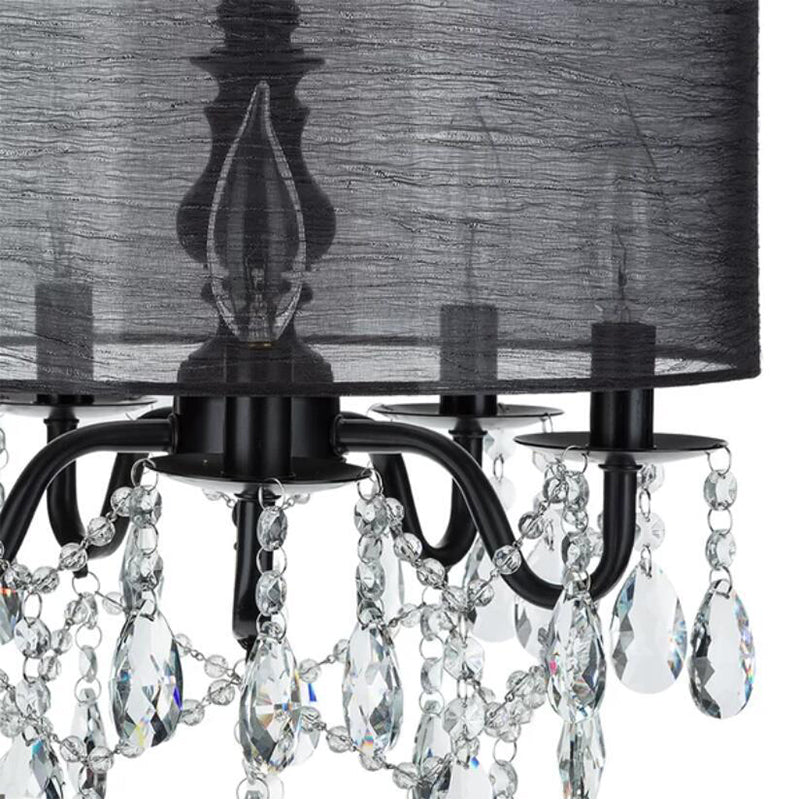 Classic 5-Light Black Round Fabric Pendant Chandelier with Crystal Accent