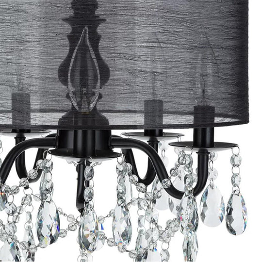 Classic 5-Light Black Round Fabric Pendant Chandelier with Crystal Accent