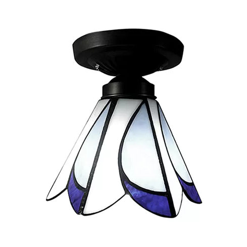 Tiffany Style Floral Semi-Flush Ceiling Light - Glass 4’ H X 7’ Dia